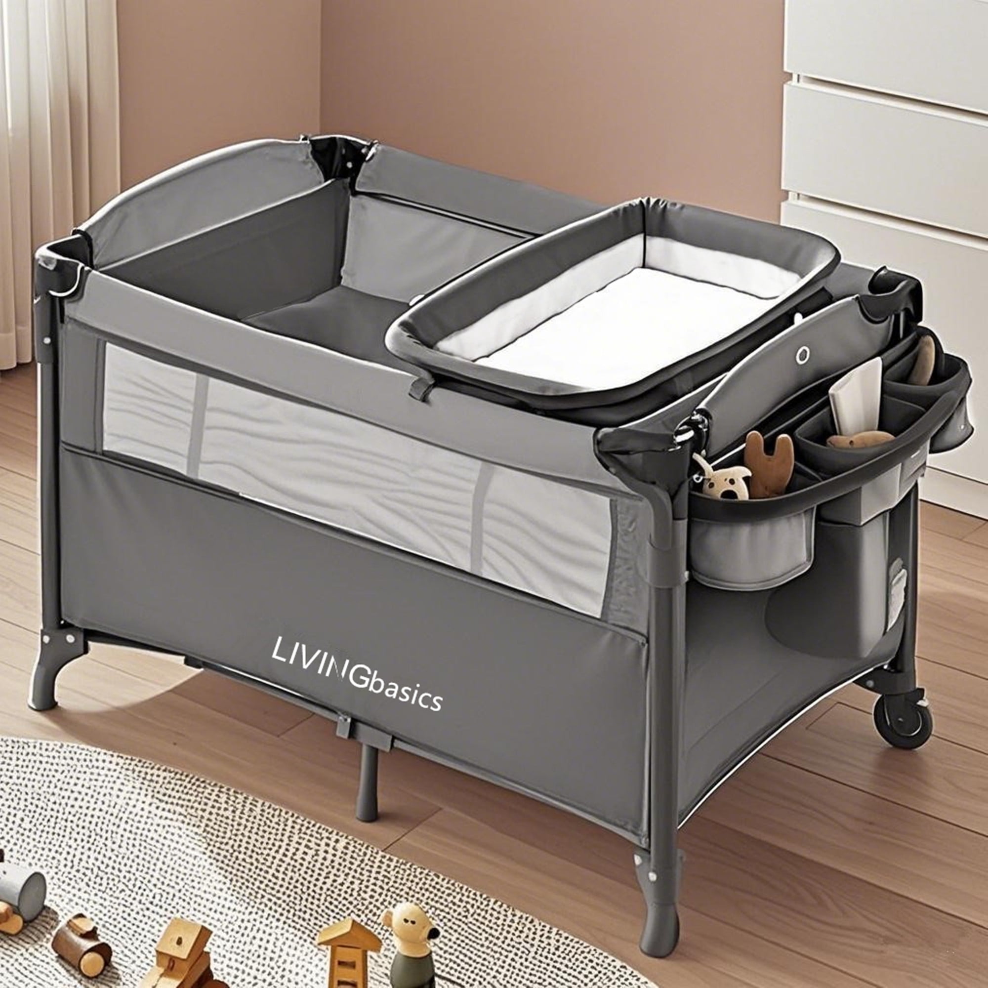 4-in-1 Foldable Baby Playard, Portable Travel Crib Baby Playpen, Beside Bassinet with Diaper Changing Table and Side Door Design, Grey