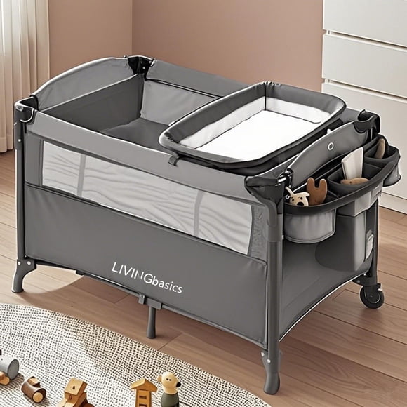 4 in 1 Foldable Baby Playard, Foldable Baby Bassinet Beside Sleeper with Diaper Changing Table and Side Door Design, Grey