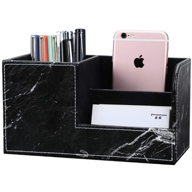 KINGFOM Multifunctional PU Leather Desk Organizer Pen Holder Brush Pot Pen Container Home School Office Stationery Storage Box Office Suppllies Business Cards Remote Control Pencil Holder Black Marble