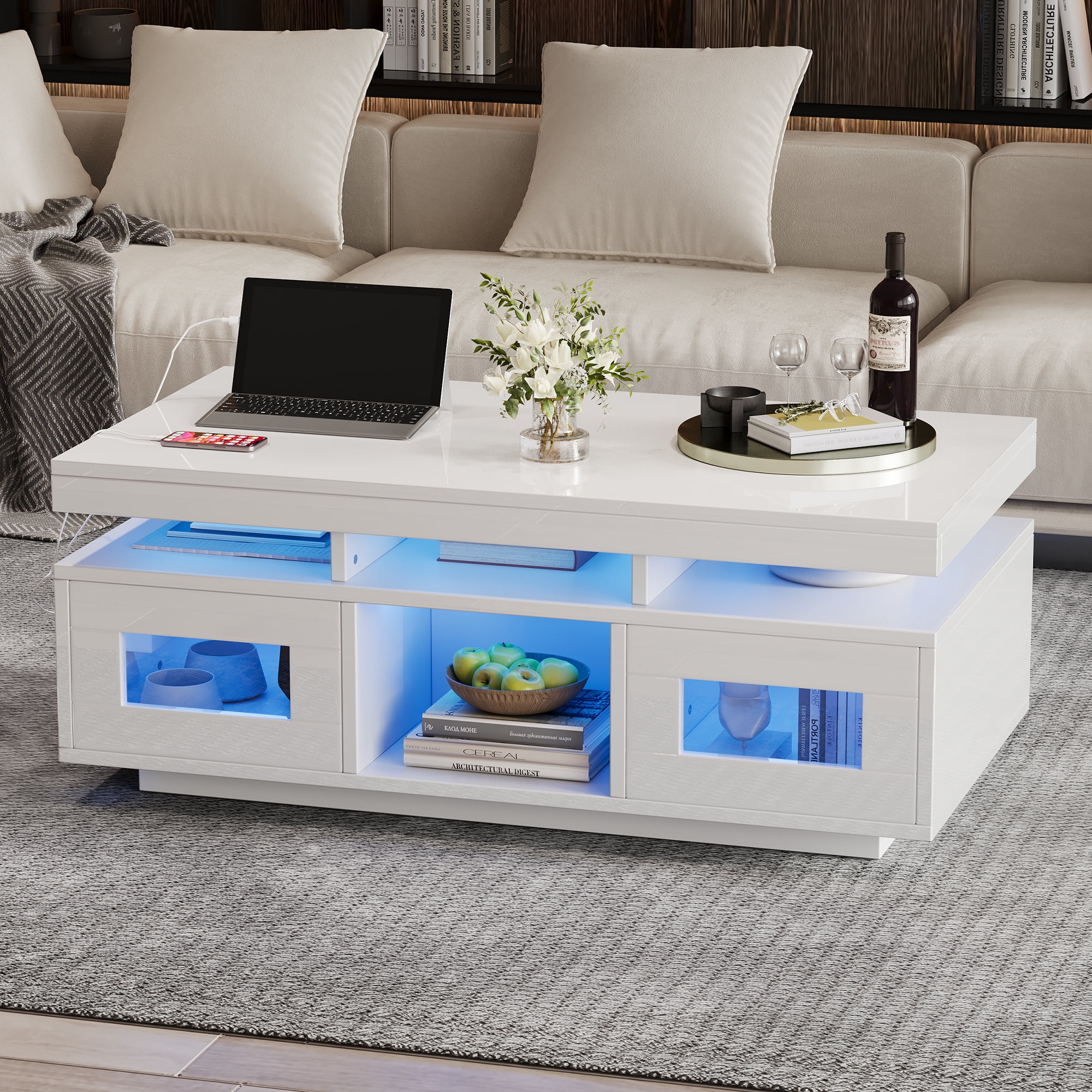 Noble House Table basse haute brillance avec lumières LED, Ports et prises USB, Centre 2 portes et Table d’appoint canapé, blanc