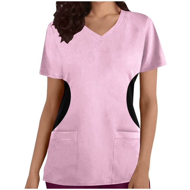 TIMIFIS Scrub for Women Printed Nurse Uniforms Tops V Neck Short Sleeve Nursing Tops with Pockets - Spring/Summer