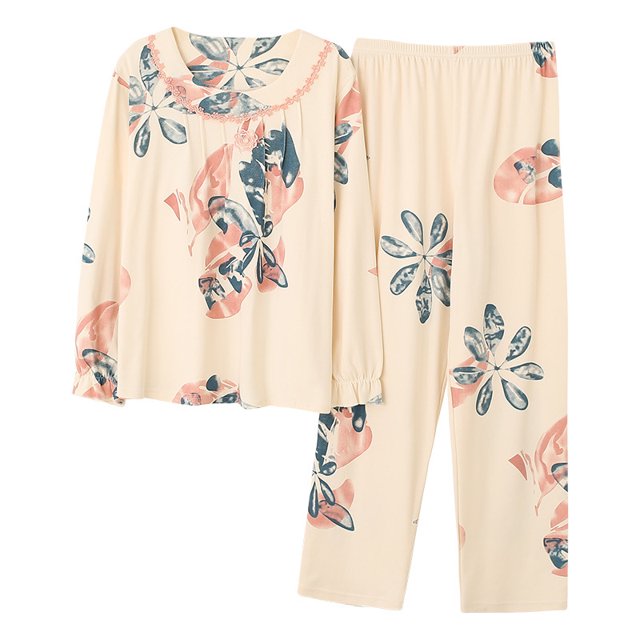 REDHOTYPE Pyjama Fantaisie à Fleurs pour Femme, Printemps Automne, Maman, Manches Longues, Coton, Col Rond, Automne pour Femme, Grande Taille, Tenue d'Intérieur