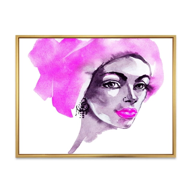 Designart Afro American Woman Fashion Portrait FLOAT FRAME WALL ART featuring a modern framed canvas print with pink watercolor floral design and black abstract details, printed on premium cotton canvas stretched over a 1-inch wood floating frame, gallery-wrapped and ready to hang for home décor.