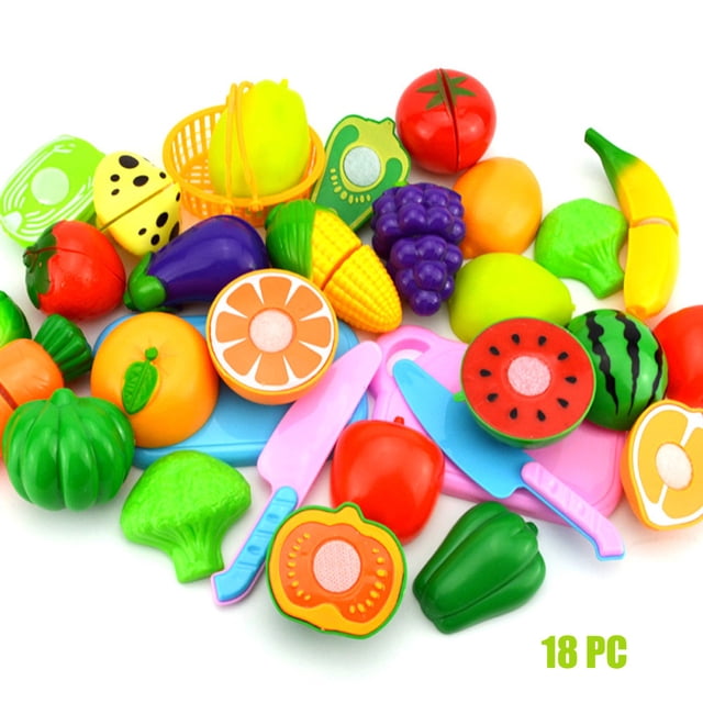 Play Food Sets for Kids Kitchen 2017 Kids Pretend Role Play Kitchen Fruit Vegetable Food Toy Cutting Set Gift. A colorful 23-piece set of plastic fruit and vegetable toys, including items like watermelon, corn, and grapes, with plastic knives and a cutting board. Each piece can be sliced in half using Velcro connections, promoting role-play, creativity, and hand-eye coordination. Perfect for pretend play kitchens and educational activities.