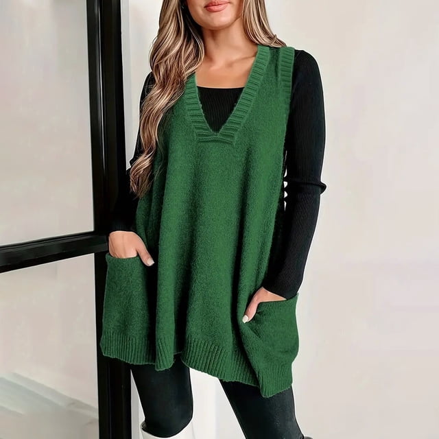 IMENGL Chandail Sans Manches à Poche Confortable, Col en v, Vert 4TG, Taille g-4TG