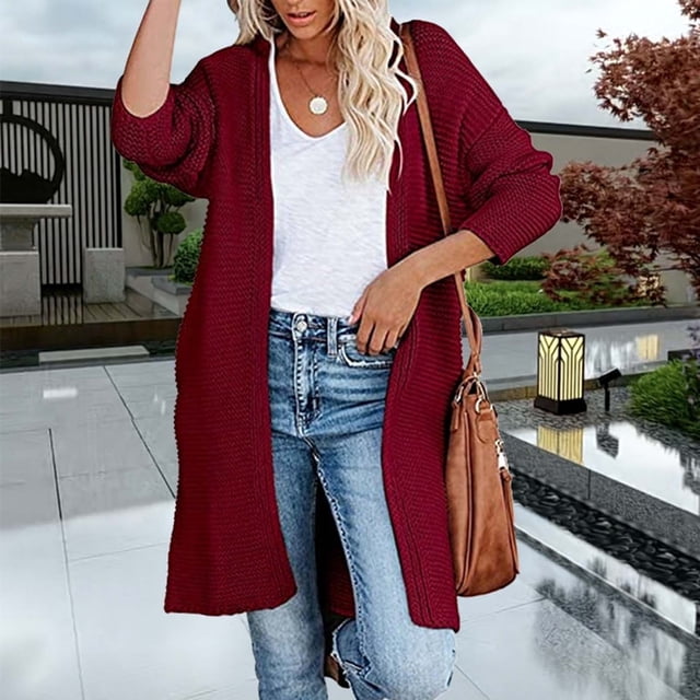 Qetyuw Womens Mid Length Cardigan Sweaters Oversized Knit Long Sleeve Open Front Cardigans Solid Casual Coat