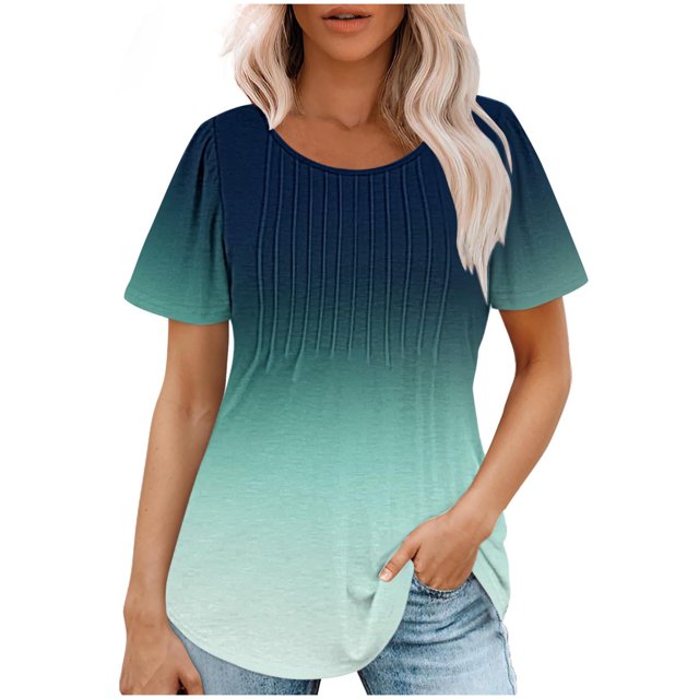 Plebaso Hauts pour Femmes Été Manches Courtes Col Rond Tunique Habillée Ample Mode Dégradé de Couleur Blouses