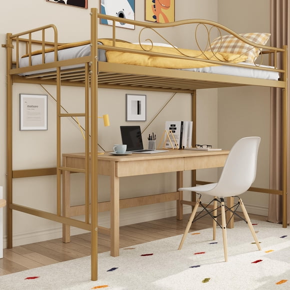 Cadre de Lit Mezzanine en Métal Simple Gain de Place, Robuste 400 Lb avec Échelle Amovible, Garde-Corps de Sécurité Pleine Longueur, Conception Silencieuse, Assemblage Facile, Aucun Sommier Requis
