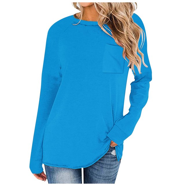 Timegard Womens Tops Crewneck Long Sleeve Drop Shoulder Basic Tee Fall Casual Loose Tops with Pocket