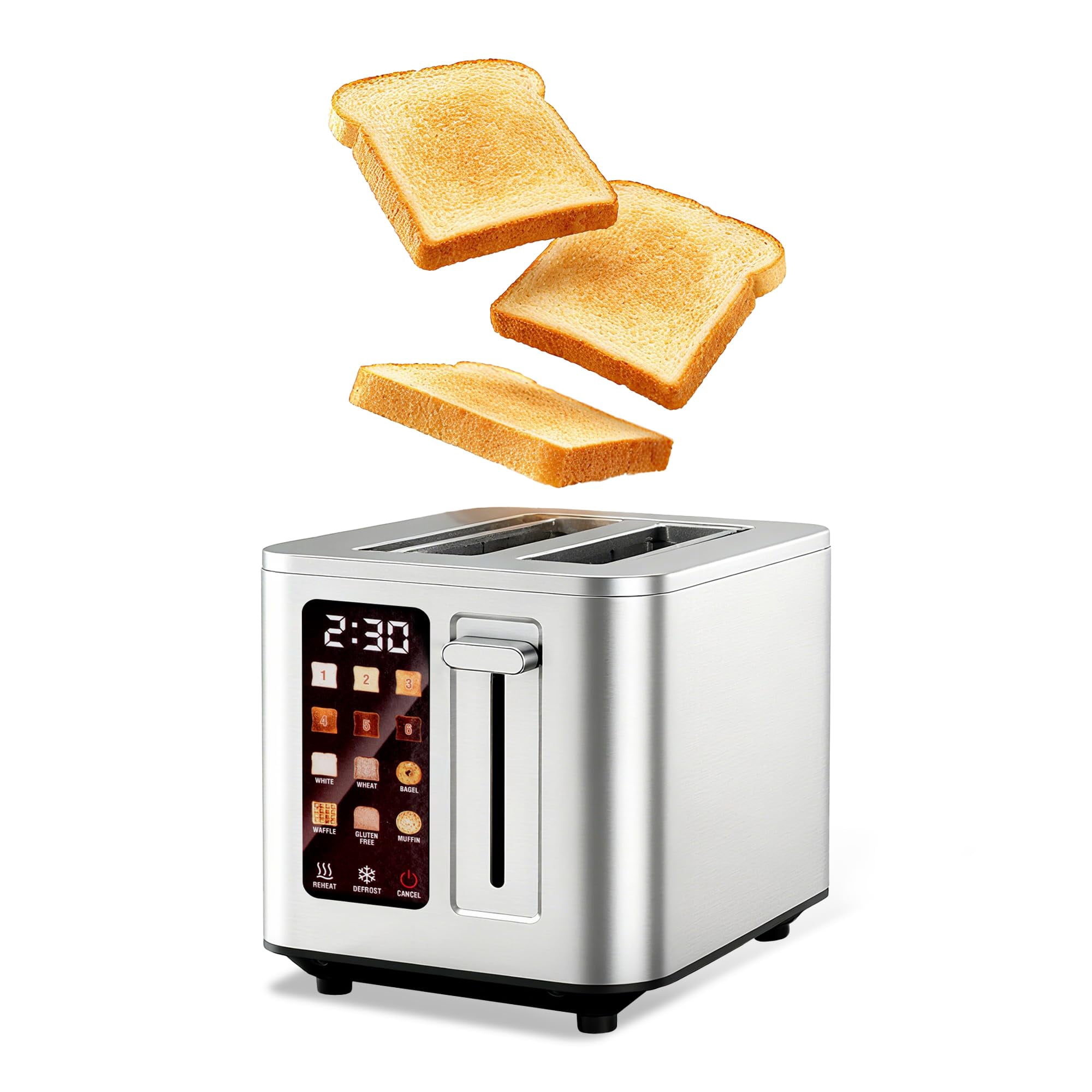 TAZTIR Touch Screen Toaster 2 Slice, Stainless Steel Toasters Digital Timer 2 Slot Toasters, 6 Shade Settings 6 Bread Types for Bagel,Defrost，