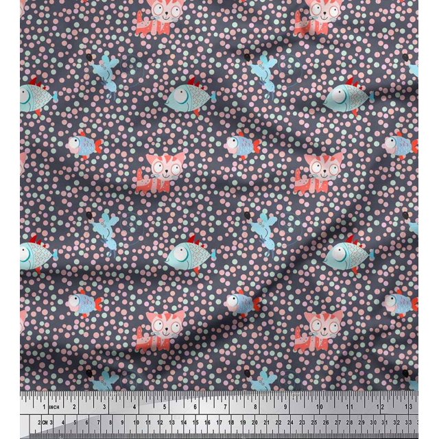 Soimoi Poly Georgette Fabric Dot,Fish & Cat Kids Print Sewing Fabric Yard 52 Inch Wide