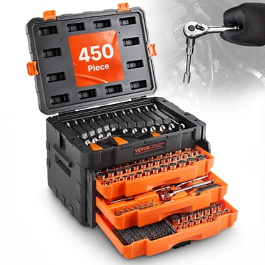VEVOR Mechanics Tool Set Socket Set 450Pcs 1/4 3/8 1/2 in Drive Orange Drawer