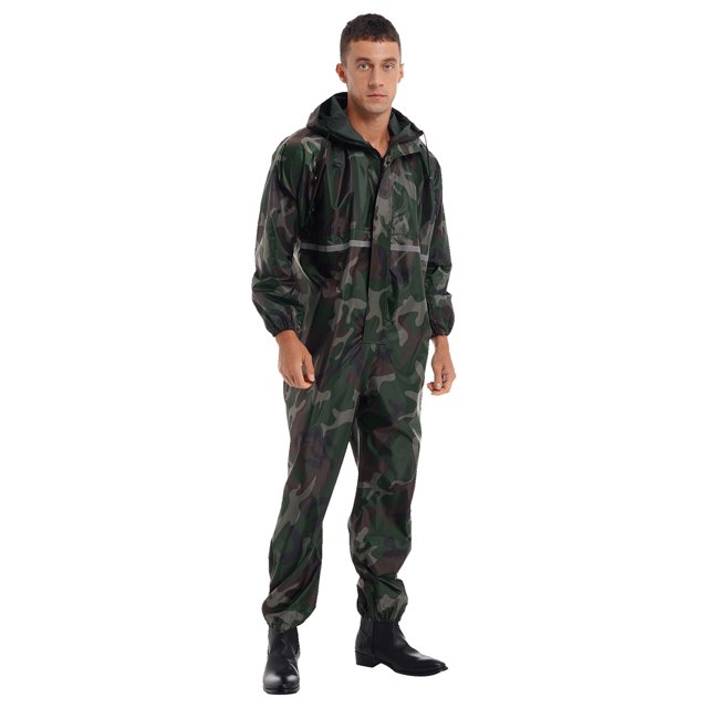 Miaeowve Mens Motorcycle Rain Suit One Piece Hooded Jumpsuit Reflective Strip Waterproof Rainsuit Camouflage 185/3XL