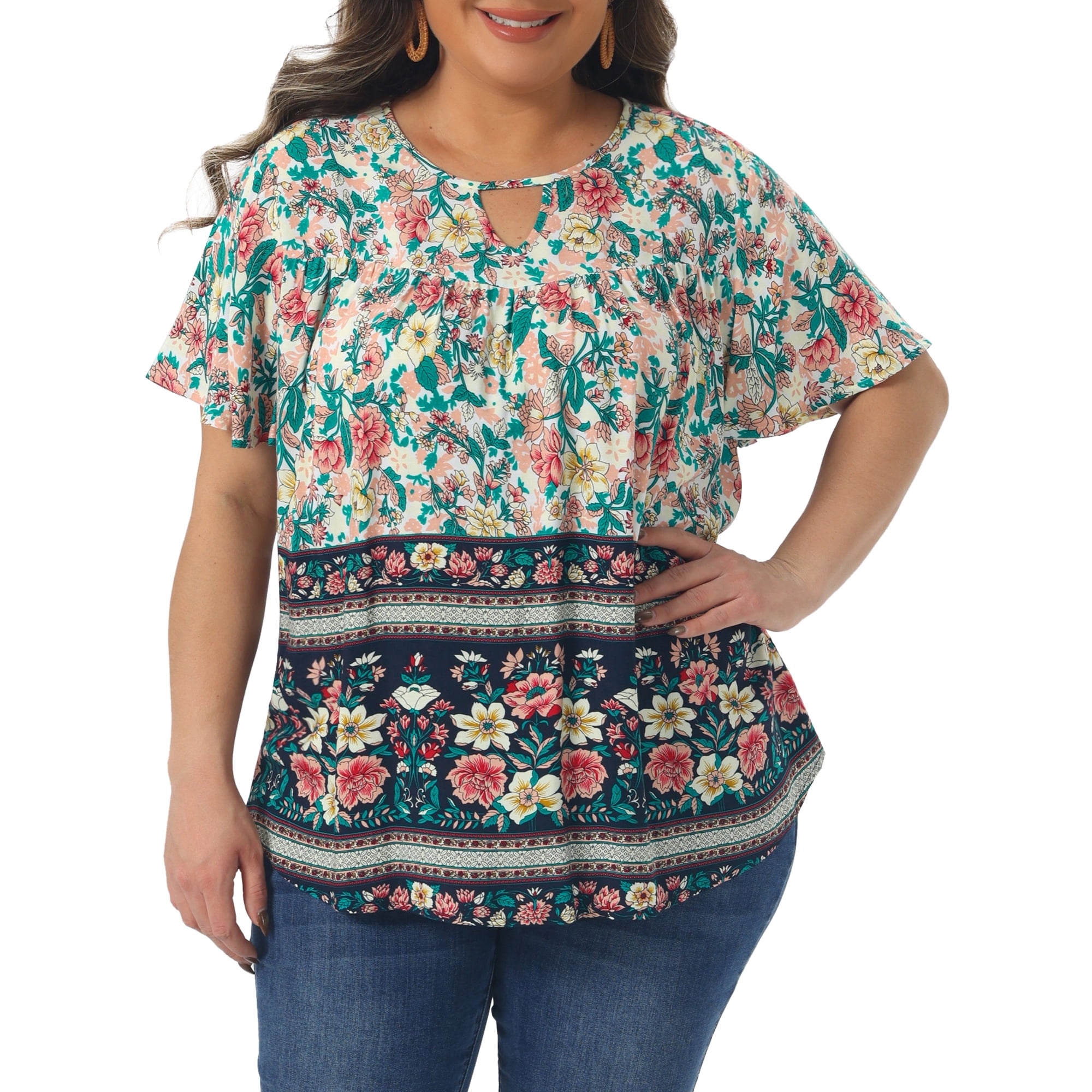 Agnes Orinda Women's Plus Size Boho Tops Floral Keyhole Neck Ruffle Short Sleeve Summer Casual Blouse 4x Beige