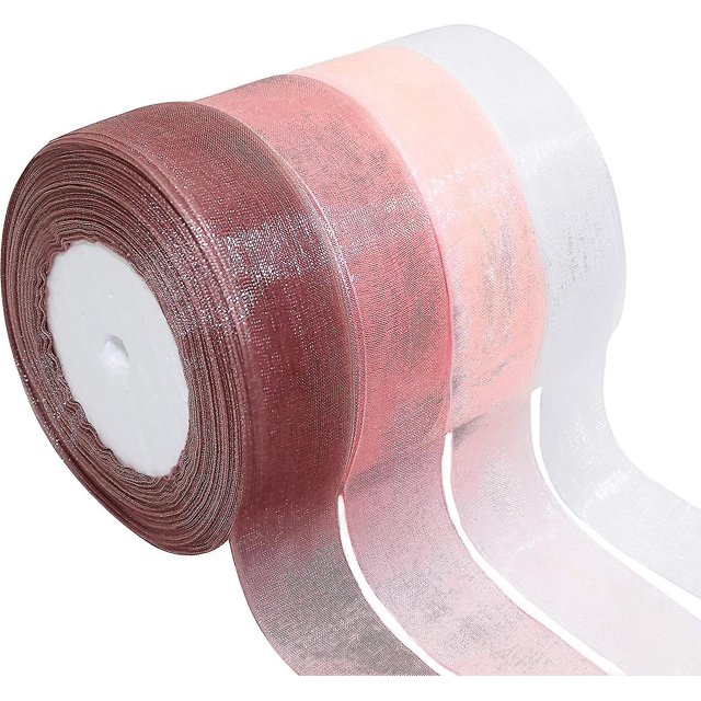 4 Rolls Organza Ribbon, Pink Chiffon Ribbon For Lmell Gift Wrapping, Sheer Ribbon Gift