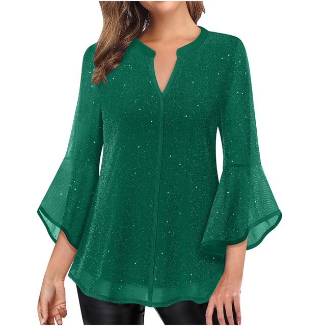 Meichang Womens Ruffle 3/4 Sleeve Notch V Neck Double Layers Mesh Blouses Loose Fit Flowy Tunic Tops Solid Lightweight Work Shirts on Clearance