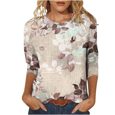 KIHOUT Womens Spring Shirts Ladies Fashion Printed Loose T-shirt 3/4 Sleeves Blouse Round Neck Casual Tops