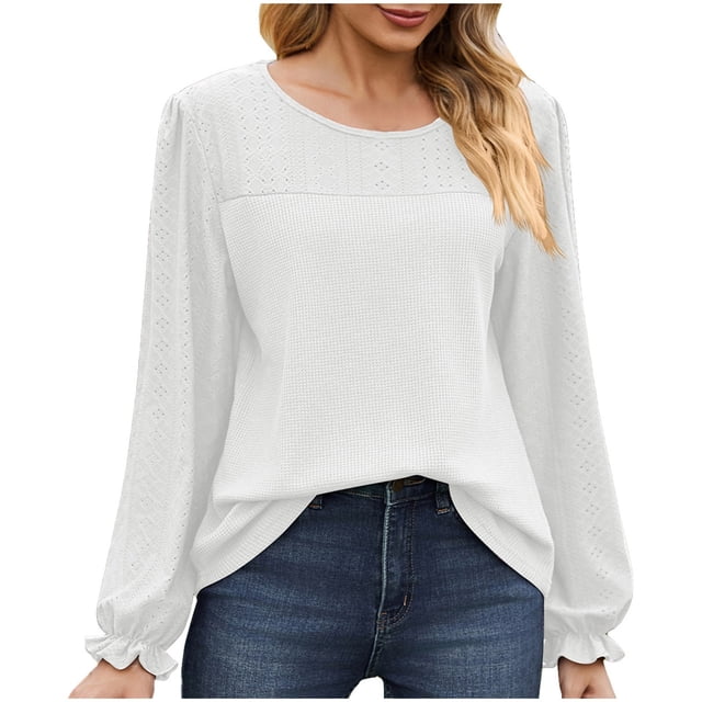 Timegard Blouse for Women Eyelet Scoop Neck Ruffle Long Sleeve Tops Fall Casual Comfy Tops Solid Color