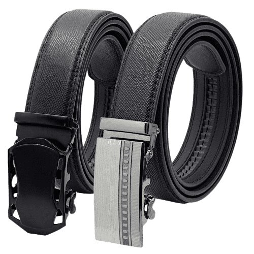 2 Pack Leather Ratchet Belt for Men Adjustable Dress Belts with Click Sliding Buckle. The set includes two black leather belts with a holeless design and automatic sliding buckles, one with a sleek black finish and the other with a silver-tone finish. The belts are 1 3/8 inches wide and 51 inches long, allowing for easy trimming to fit various sizes. Suitable for casual, business, or formal wear, these belts are crafted from genuine leather and feature a durable, friction-resistant strap. Ideal for pairing with jeans, uniforms, or suits.