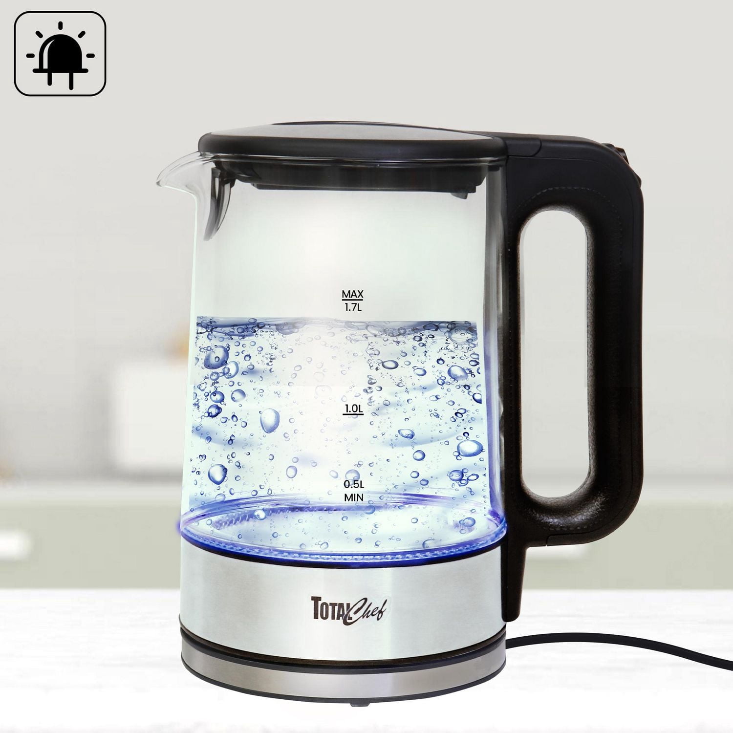 Bouilloire électrique Total Chef Bouilloire électrique Bouilloire électrique portable en verre 1,7 L avec lumière LED bleue, arrêt automatique avec couvercle Bouilloire électrique en acier inoxydable