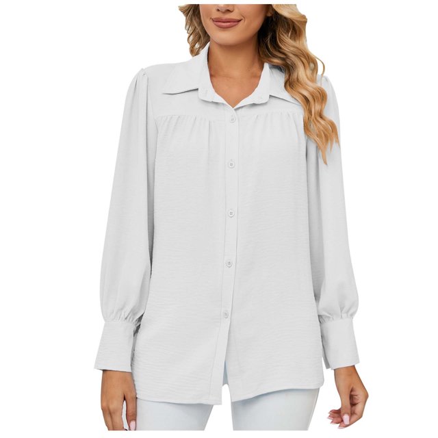 cfhntfmh Button down Shirts for Women Ruffle Long Sleeve Work Tops Textured Oversized Loose Collared Dressy Casual Blouse S-Xxl