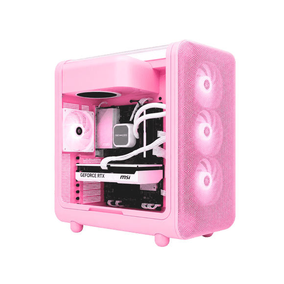TECHNOID Gaming Desktop PC InfinityR75070S AMD Ryzen 7 7700X 16GB DDR5 1TB SSD GeForce RTX 5070 Windows 11 Home - HYTE X50- Strawberry Milk