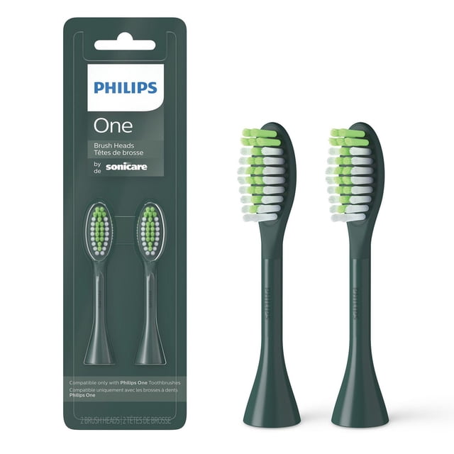 Philips One by Sonicare Brush Heads, Green BH1022 two green replaceable brush heads, front-facing close-up showing tapered bristles; micro vibrations and tapered bristles are listed specs, compatible only with Philips One by Sonicare handles; suitable as spare heads for travel.