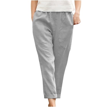 QUYUON Lounge Pants Women Elastic Waist Casual Pants Solid Color Plus Pocket Cotton Linen Straight Pants Pajama Pants for Women Full Pant Leg Length Trousers Pant Style N-625 Gray S