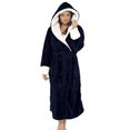 thumbnail image 2 of Fashnice Women Sleepwear Long Sleeve Sherpa Robes Solid Color Fuzzy Plush Bathrobe Warm Sleeping Fleece Robe Navy Blue S, 2 of 7