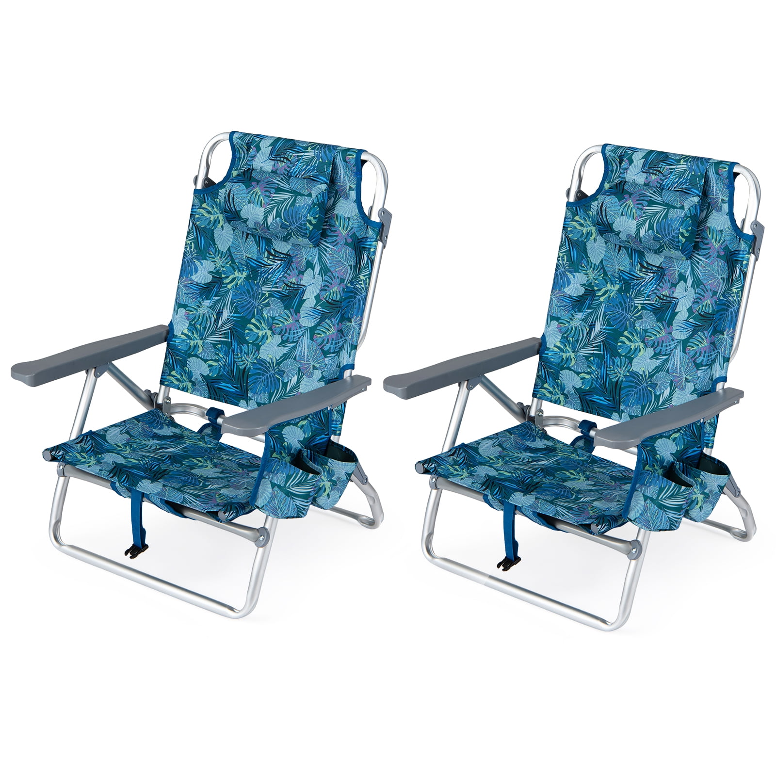 Costway 2-Pack Folding Backpack Beach Chair 5-Position Outdoor Reclining Chairs with Pillow Pattern