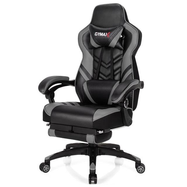 Gymax Office Computer Desk Chair Gaming Chair Adjustable Swivel w/Footrest Grey. Ergonomic high-back gaming chair with lumbar support, headrest, and retractable footrest. Designed for office furniture use, it features adjustable seat height (17''-20''), reclining backrest (90°-155°), and smooth rolling casters. Made of durable PVC, PU, and sponge materials with a weight capacity of 330 lbs.