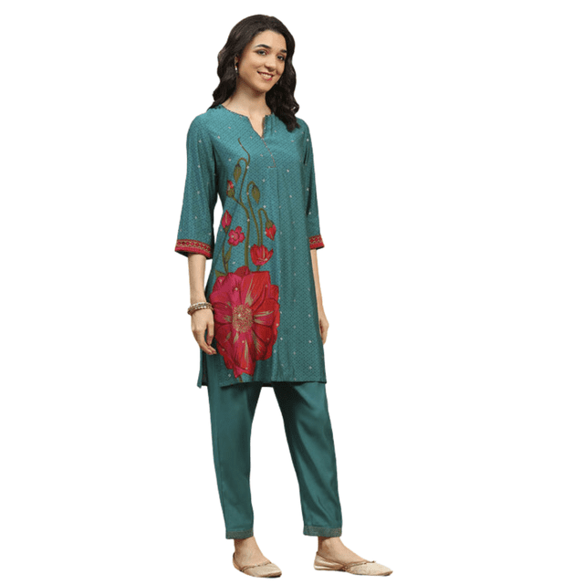 Biba Rangriti Indian Ethnic Kurta Pants Set (Rose Retreat 22278), Teal, Size 32