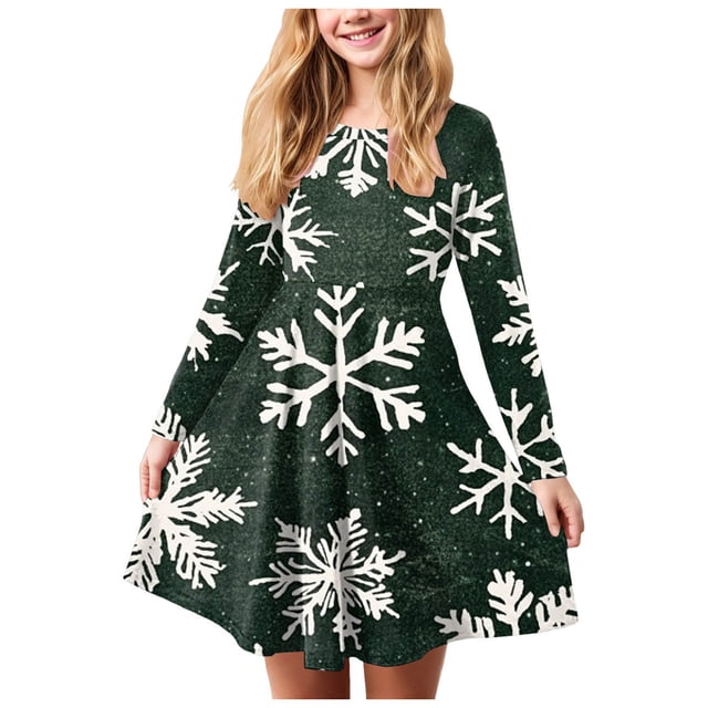 Zanarzt Robe à Manches Longues pour Fille Robe de Noël pour Fille Imprimé Bal Fête Fête de Noël Robes pour Fille Vert, 13-14 Ans