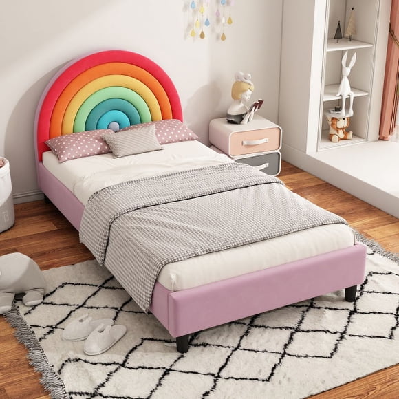 taoruifang Upholstered Twin Platform Bed Cute Style Princess Bed for Boys & Girls, Teens, Colorful & Pink ,Rainbow Design