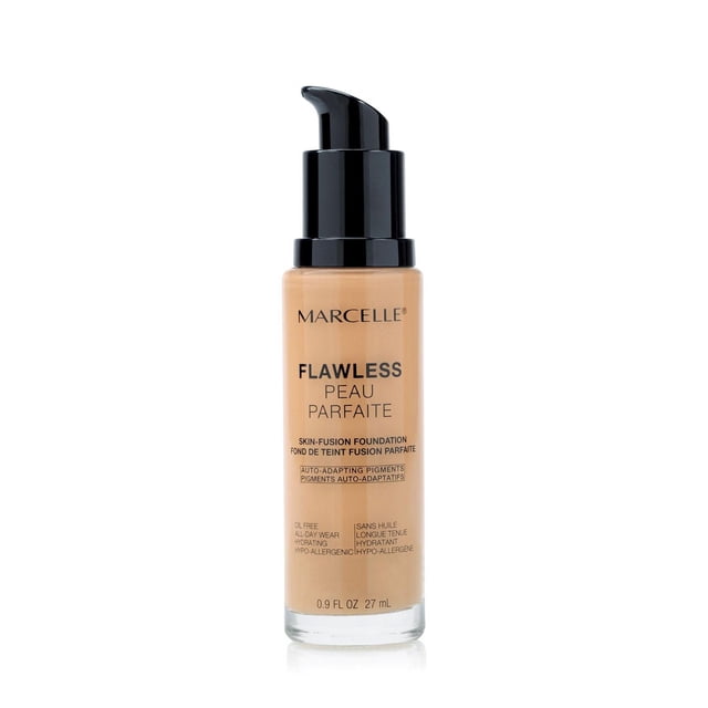 Marcelle Fond de Teint Liquide Impeccable dans une Bouteille en Verre Transparent avec Distributeur à Pompe Noir, Doté de la Technologie de Fusion de la Peau avec pigments Auto-Adaptatifs pour une Finition Naturelle, Hydratante et Sans Huile, Format 27 ml (0.9 fl oz), Convient pour un Port Toute la Journée.