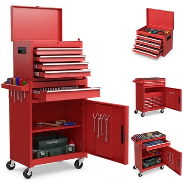 Costway Coffre à Outils et Armoire 2 en 1 avec 5 Tiroirs Coulissants Organisateur de Garage Roulant Rouge