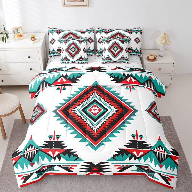 Geometric 7 Piece Comforter Set Full Bed in a Bag,Southwestern Tribe Arrow Aztec Bedding Sets Exotic Style Western Geometry Sheet Set with Comforter
