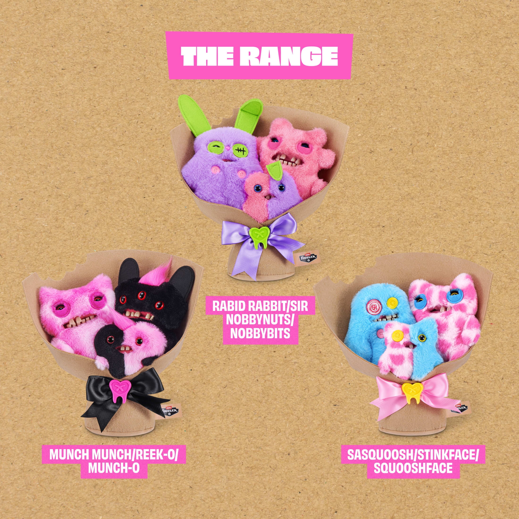 Fuggler Bouquet Set of 3 Stuffed Plush Toys (Rabid Rabbit, Sir Nobbynuts, Nobbybits) by ZURU for All Ages