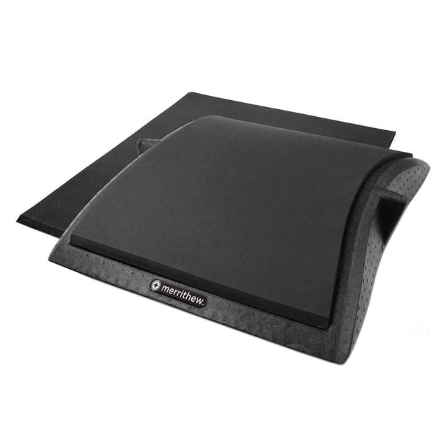Merrithew Stability Barrel Lite shown in a 3/4 front view, a lightweight curved foam exercise tool with a black antibacterial rubberized gel foam mat on top and a separate flat mat behind it, designed to improve balance, strength, and proprioception in Pilates workouts.