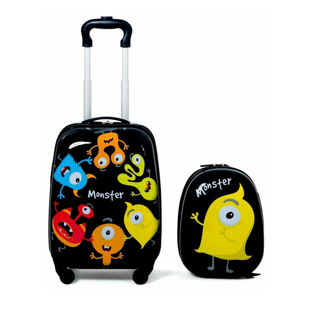 Gymax 2PC Kids Luggage Set with a black rolling suitcase and matching backpack, both featuring colourful monster designs. The suitcase includes an adjustable handle and smooth wheels, while the backpack has ergonomic, widened straps for comfort. Ideal for school or travel, this carry-on luggage set is made from durable ABS, polycarbonate, and nylon materials.