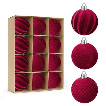Staron 12Pcs Red Velvet Christmas Ornament Bulk Flocked Christmas Tree Ball Ornaments Xmas Decorative 60mm Large Christmas Ornaments Christmas Tree Decoration for Xmas Tree