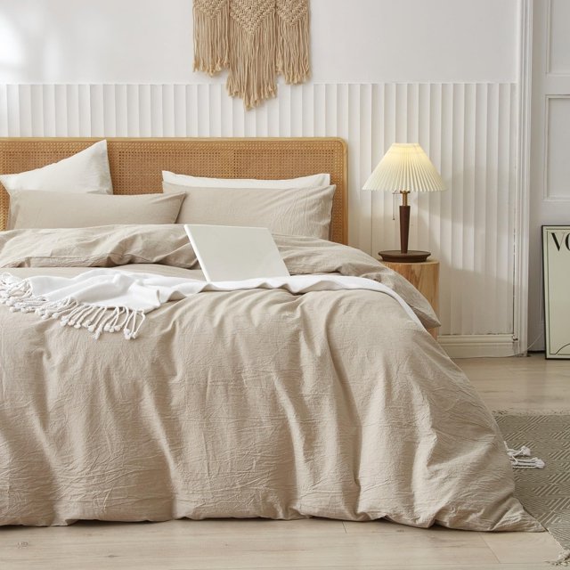 Ensemble de Housse de Couette en Coton Lavé Toucher Lin Naturel Anti-Froissement Léger Confortable (Très Grand Lin)