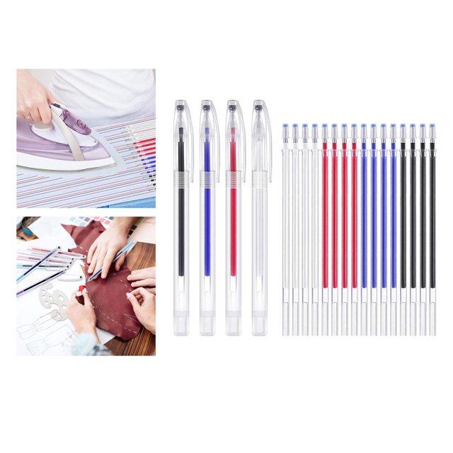 Fabric Marker Pen, 1 Set Heat Erasable Fabric Marking Pens 5Pcs, featuring four pens in black, blue, red, and white with replaceable refills. Includes 16 extra refills in matching colors. Designed for quilting, sewing, and fabric marking with a precise 0.7 mm tip. Marks can be erased with heat, leaving no residue. Pens have pocket clips for easy storage. Suitable for use on leather and other fabrics. Package includes 4 pens and 16 refills.