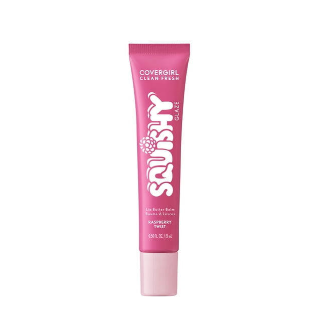 COVERGIRL Clean Fresh Squishy Glaze Lip Butter Balm Raspberry Twist in a 15ml pink tube with white text and light pink cap, delivering up to 9 hours hydration with a nourishing buttery formula for soft, plump lips, ideal for daily lip care.