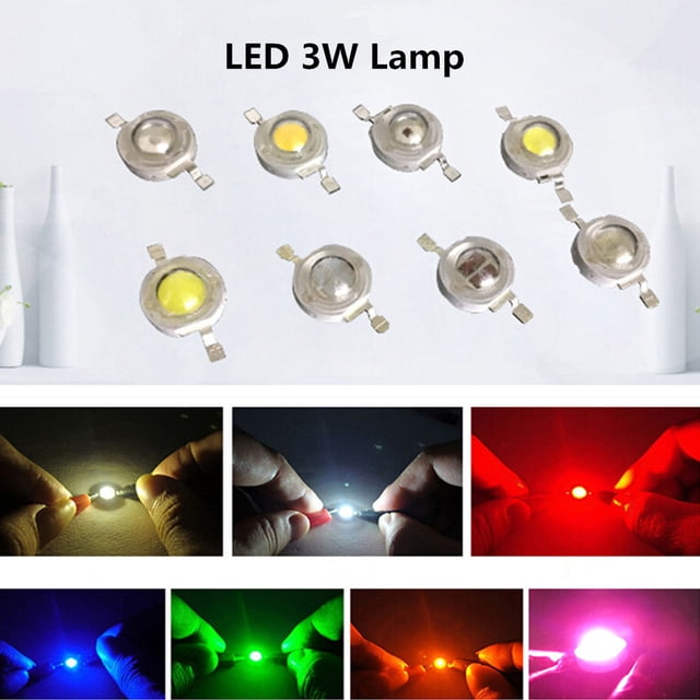 EastVita 10Pcs/Set 3W LED High Power Super Bright Lamp Beads, featuring multiple light colors such as red, blue, green, UV, yellow, full spectrum, white, and warm white. The image shows the compact lamp beads with copper brackets and gold thread construction. Below, the lamp beads are illuminated, displaying their vibrant colors and uniform light output. Ideal for flashlights, stage lighting, and yard illumination.