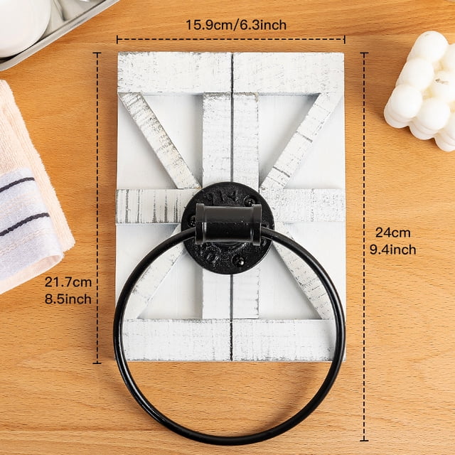 Shisuyan Rustic Hand Towel Ring Vintage Iron Wall Mounted Towel Holder Hanger Storage Rack with Wood Wall Backing for Bathroom Toilet or Kitchen White
