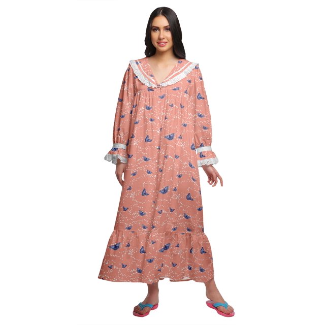 Moomaya Robe de Nuit Maxi pour Femmes en Coton à Col en V Imprimé avec Bordure Volantée