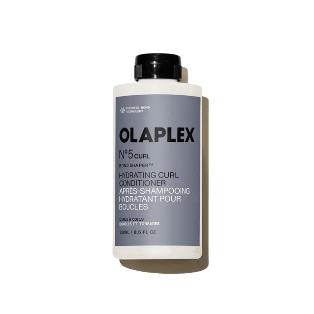 Olaplex No. 5 Curl Bond Shaper Hydrating Curl Conditioner 250ml silicone-free high-slip butter-soft cream with 3D Bond Shaper™ and Hydra-Define Technology to strengthen, hydrate, define coils, curls and waves and cut frizz; bottle shown on plain background; often used as a detangling styling cream on wet hair.