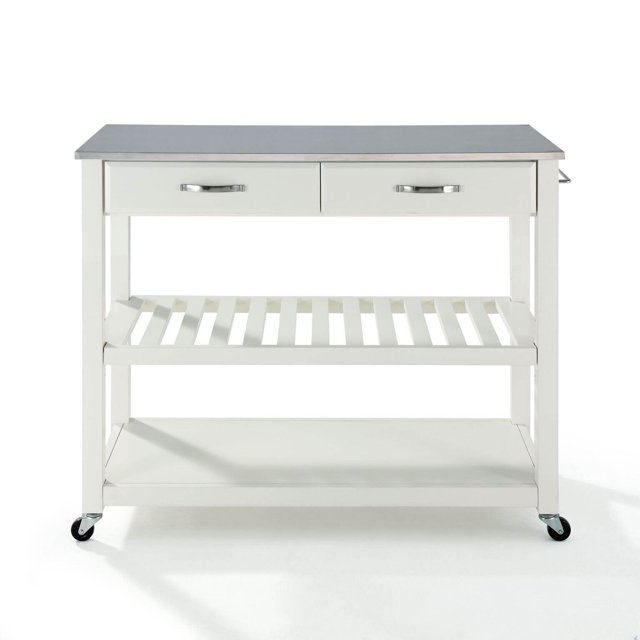 Crosley Chariot de Bar de Cuisine à Roulettes pour la Maison avec Dessus en Acier Inoxydable et Tiroirs, Blanc