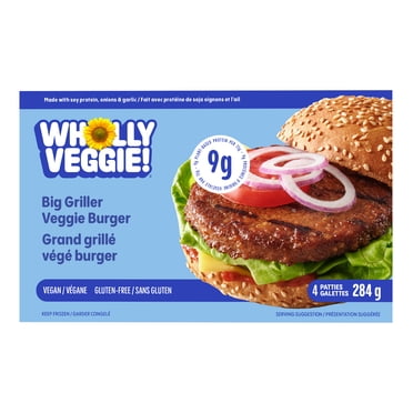 Wholly Veggie The Big Griller Veggie Burger, Gluten-Free Vegan Plant-Based Patty, 9g Protein, 4 patties, 284 g (Frozen), Bold, protein-packed patty